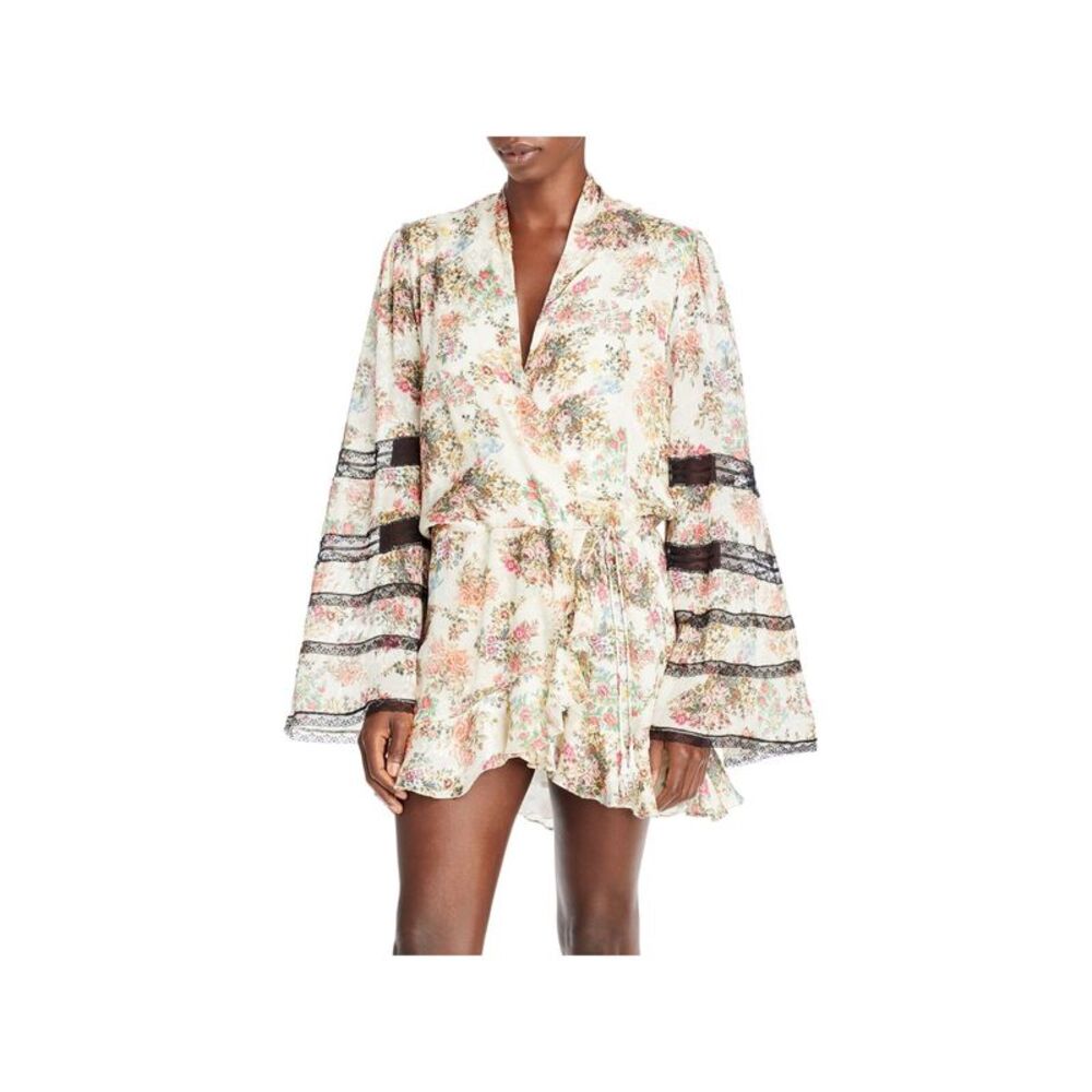 ROCOCO SAND Womens Ivory Tie Lined Bell Sleeve Micro Mini Cocktail Wrap Dress XS